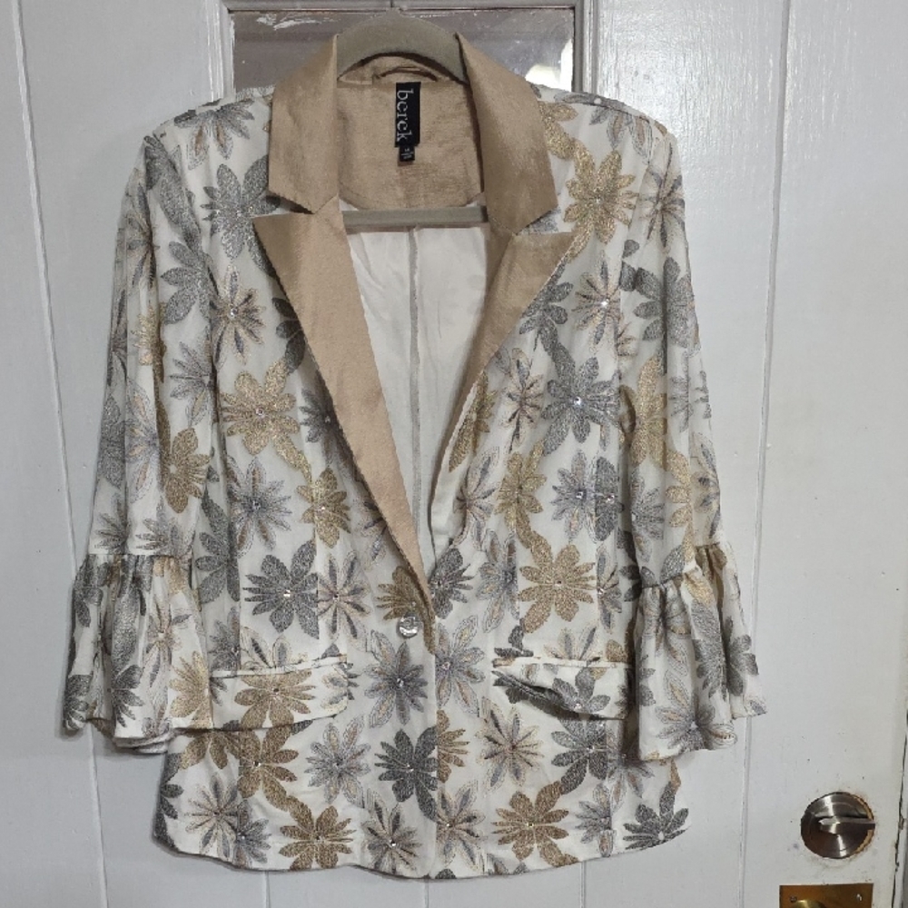 Berek Womens Blazer Gold/Silver Metallic Flowers Pockets Ruffly Sleeves Sz M EUC